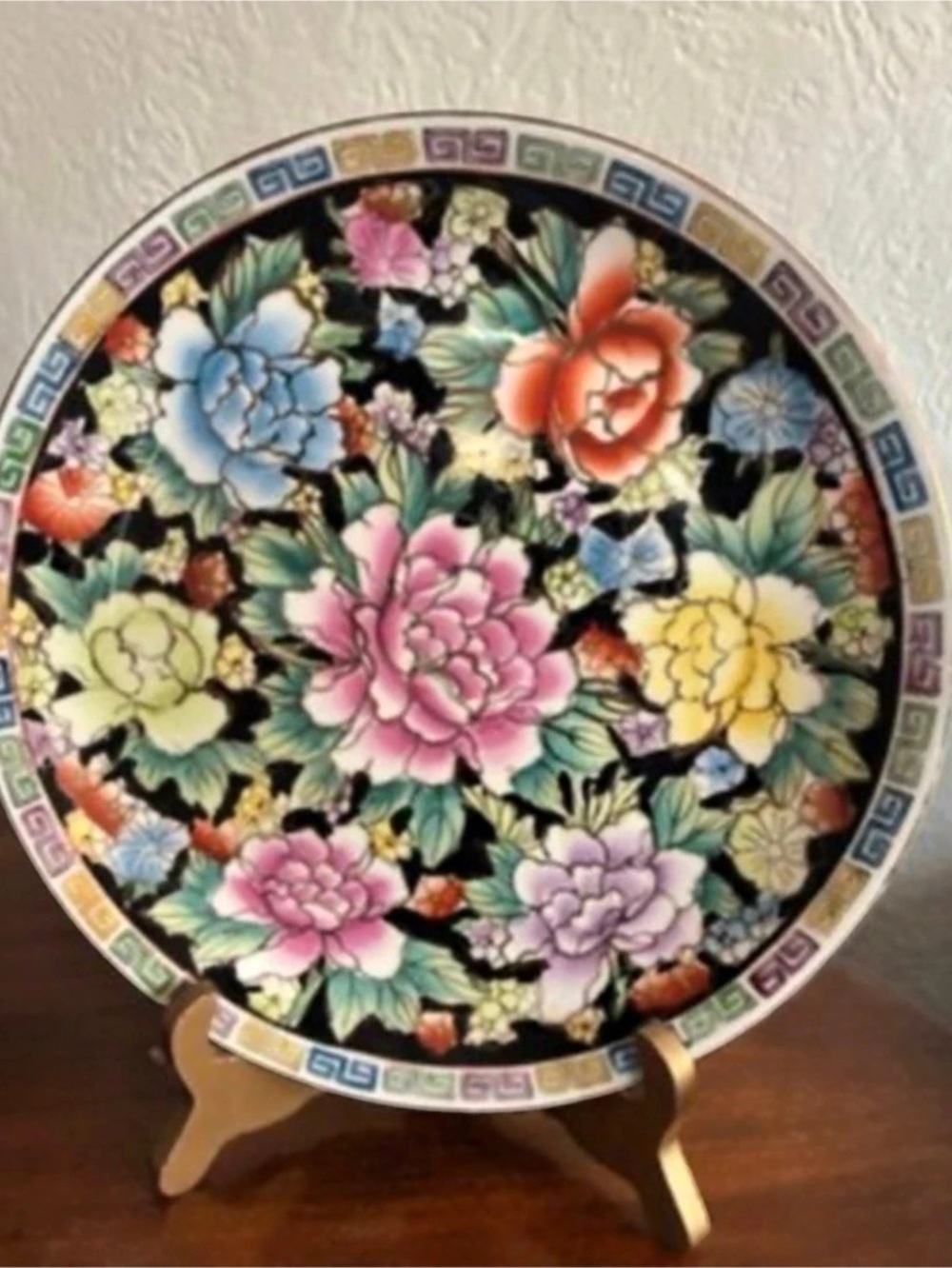 Vintage Chinoiserie Botanical Chinese Floral Decorative Plate in Black & Multico